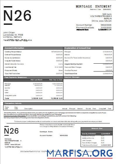 Printable Germany N26 bank mortgage statement scr template
